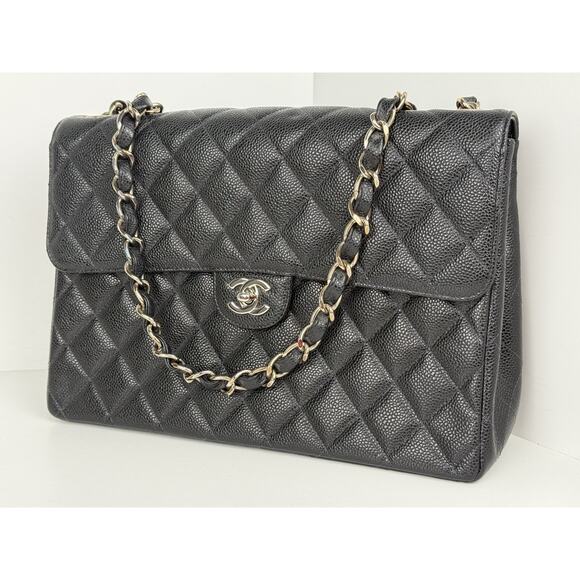 Chanel Jumbo Classic Flap Bag Black Caviar Leather Silver Hardware B-5 - Picture 1 of 16
